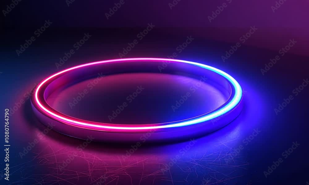 A glowing circular platform with purple and pink neon lights against a dark background.