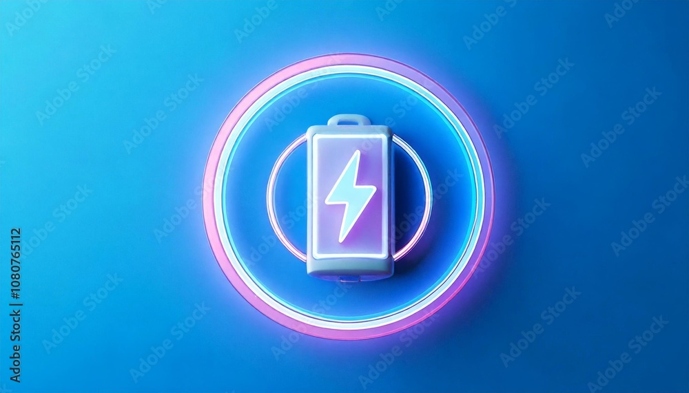 Neon Battery Icon with Power Symbol on Blue Background Neon Battery Icon with Power Symbol on Blue Background