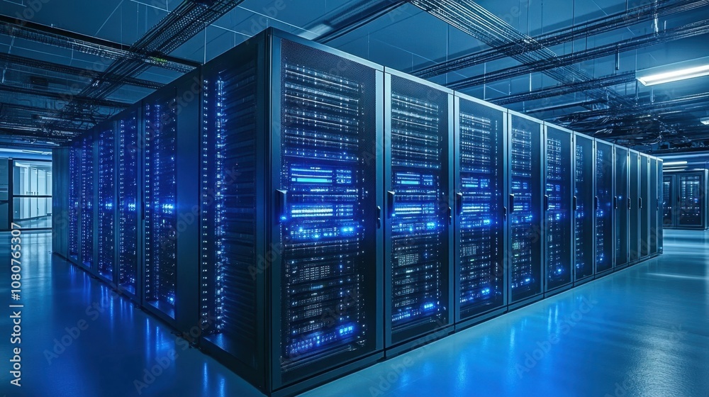 Modern Data Center Featuring Rows of High-Performance Servers with Illuminated LED Lights in a Secure and Organized Technology Environment Modern Data Center Featuring Rows of High-Performance Servers with Illuminated LED Lights in a Secure and Organized Technology Environment