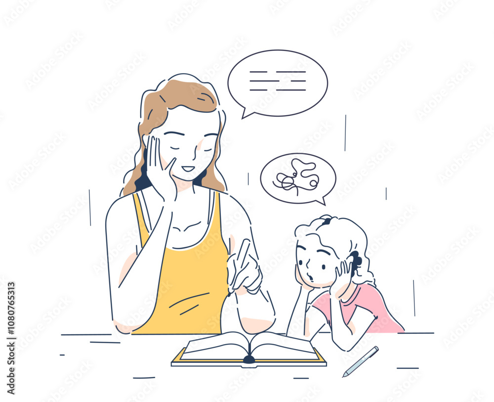Speech therapist with girl. Woman and daughter preparing for lessons. Mom and kid read books. Education and training, reading and literature. Linear vector illustration isolated on white background Speech therapist with girl. Woman and daughter preparing for lessons. Mom and kid read books. Education and training, reading and literature. Linear vector illustration isolated on white background