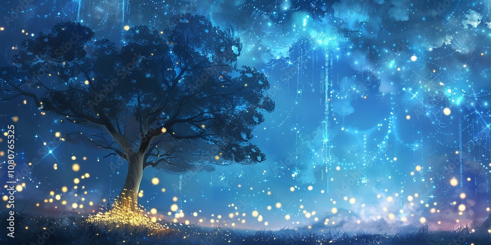 A tree with glowing lights on it. The sky is blue and there are stars. The tree is surrounded by a field of grass A tree with glowing lights on it. The sky is blue and there are stars. The tree is surrounded by a field of grass