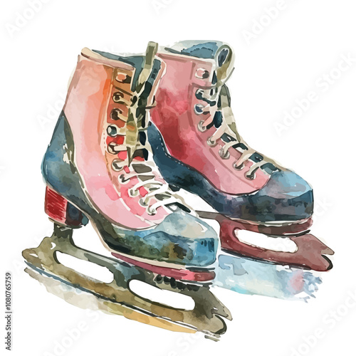 A watercolor painting of a Pair of Ice Skates, isolated on a white background. Pair of Ice Skates vector.