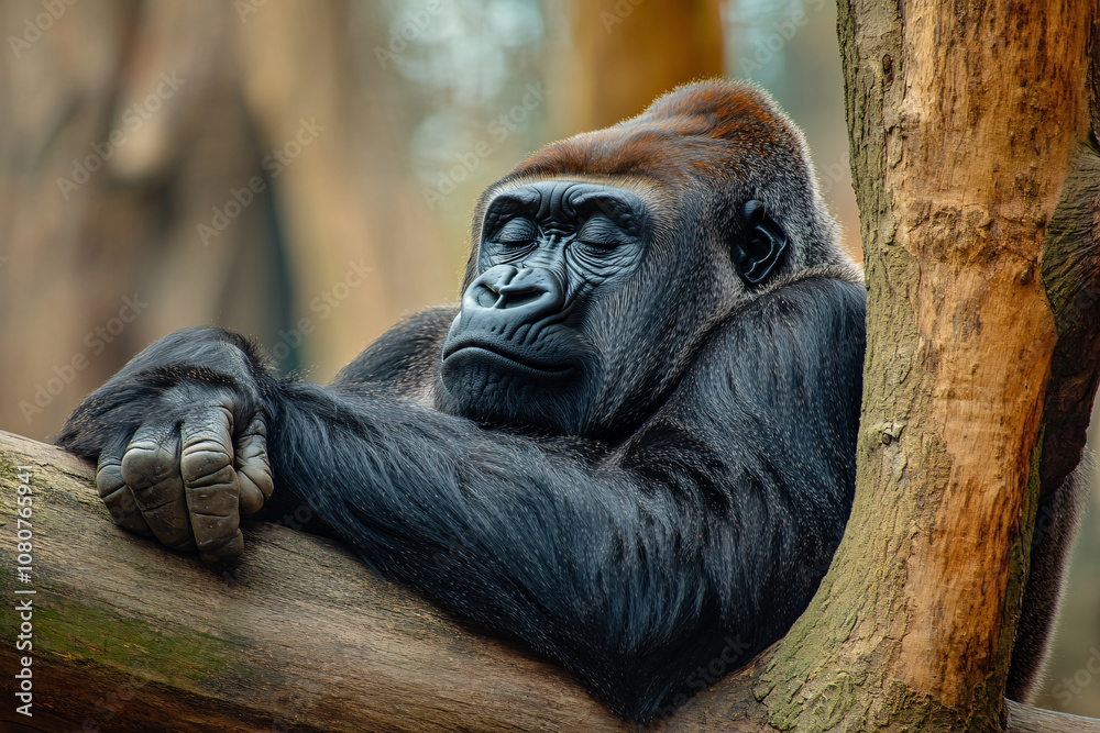 portrait of big gorilla sleeping on the tree portrait of big gorilla sleeping on the tree