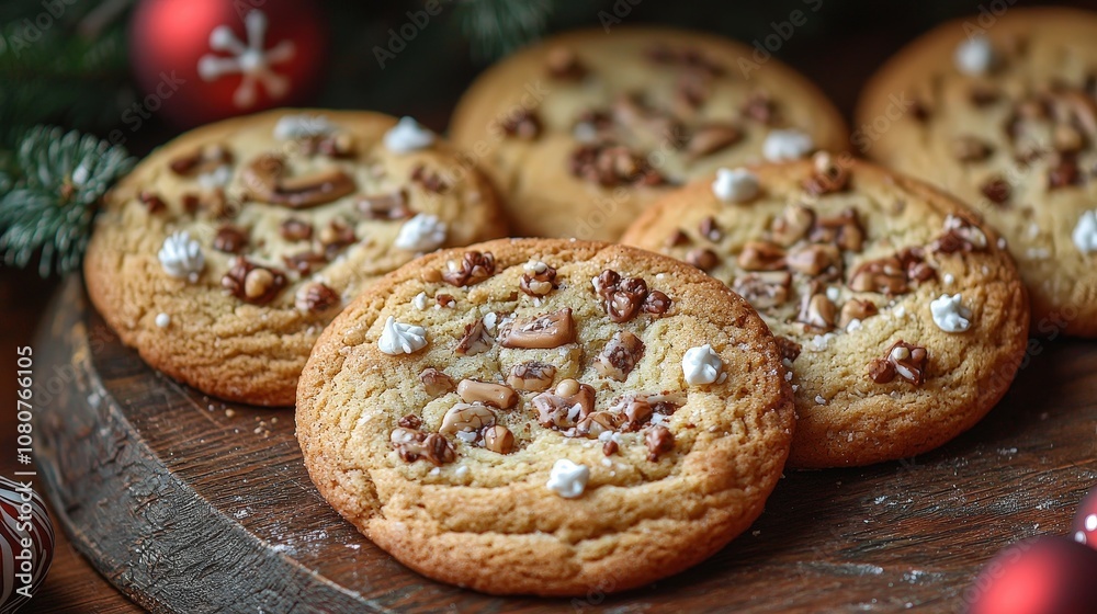 Delicious homemade christmas cookies with nuts on rustic wooden tray Delicious homemade christmas cookies with nuts on rustic wooden tray