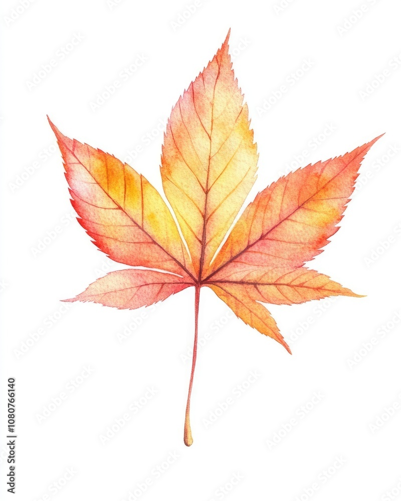 Hand-Painted Watercolor Autumn Maple Leaf Illustration in Vibrant Red and Yellow Tones Hand-Painted Watercolor Autumn Maple Leaf Illustration in Vibrant Red and Yellow Tones
