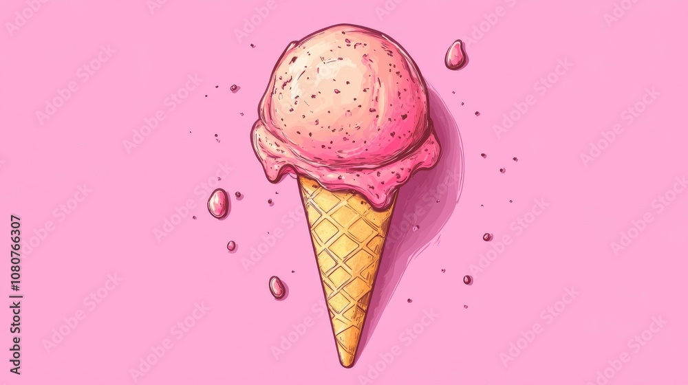 A single scoop of strawberry ice cream on a cone against a pink backdrop, perfect for summer and dessert themes. A single scoop of strawberry ice cream on a cone against a pink backdrop, perfect for summer and dessert themes.