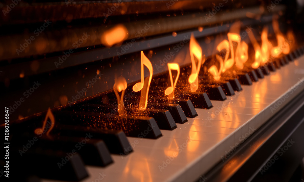 A piano keyboard with fiery musical notes emerging from each key A piano keyboard with fiery musical notes emerging from each key