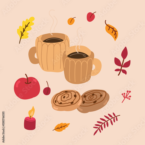 Cozy autumn set elements in flat graphic design. Bundle of two cups with coffee, cinnamon buns, apple, warm candle and red, orange and yellow leaves. Fall composition. Vector illustration isolated.