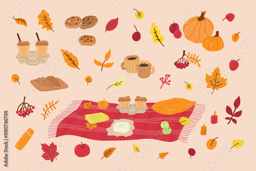 Cozy autumn mega set elements in flat graphic design. Bundle of coffee cups, picnic blanket, cinnamon buns, croissants, book, apples, pumpkins, different fall leaves. Vector illustration isolated.