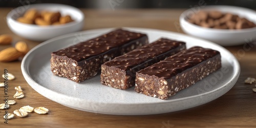 Three chocolate-covered granola bars with almonds and oats on a white plate.