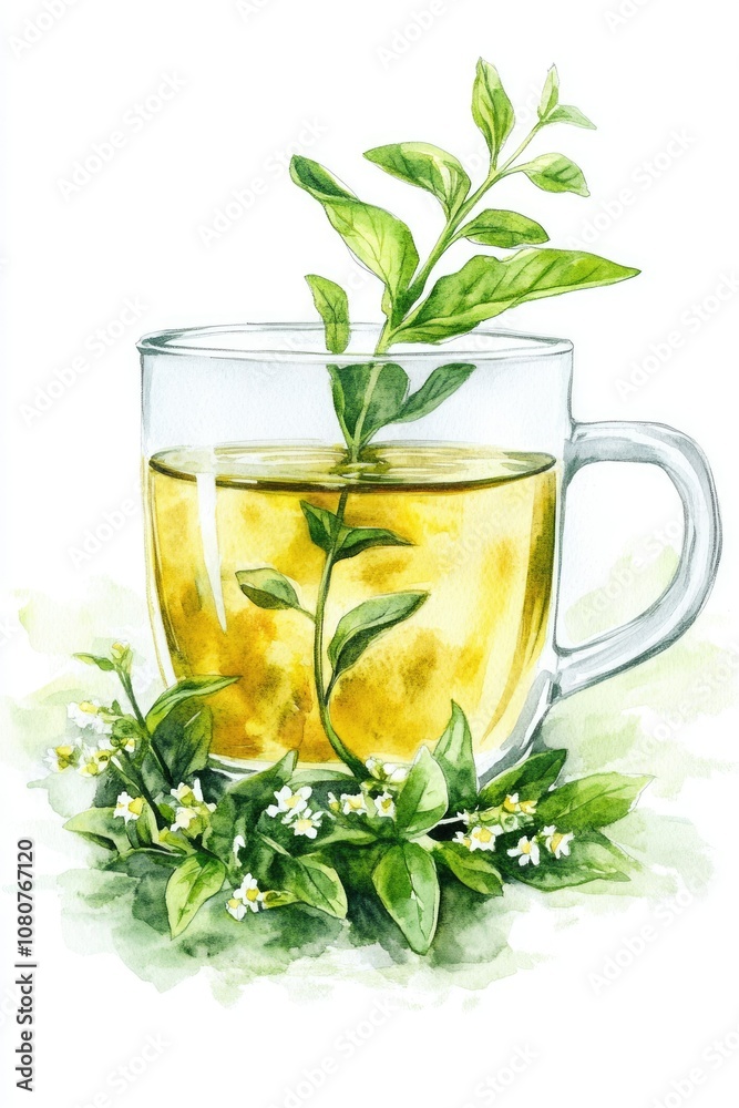 Rustic Herbal Tea from Wild Shepherd's Purse Plant. Hand-drawn Watercolor Illustration on White Background Rustic Herbal Tea from Wild Shepherd's Purse Plant. Hand-drawn Watercolor Illustration on White Background