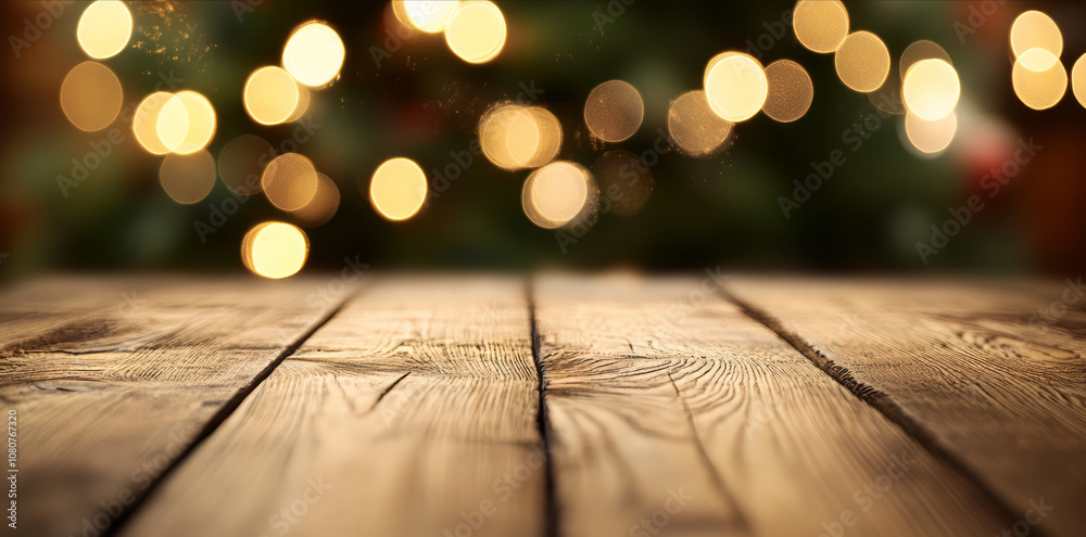 A blank rustic wooden table top with a festive Christmas tree background