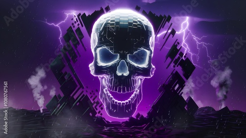 Glowing skull in a futuristic, geometric frame. Purple neon lighting, rain, and lightning create a dramatic, atmospheric scene. AI generated.