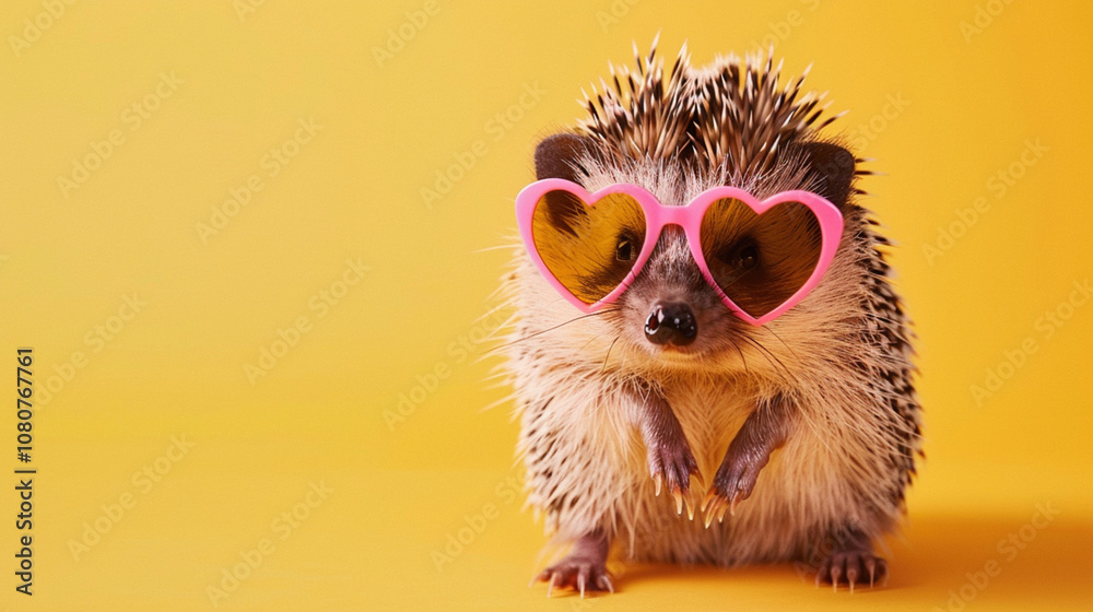 Adorable hedgehog sporting heart-shaped sunglasses, adding a fun and quirky touch against a vibrant studio yellow background. Cuteness, individuality, charm love animal for postcard. Copy paste Adorable hedgehog sporting heart-shaped sunglasses, adding a fun and quirky touch against a vibrant studio yellow background. Cuteness, individuality, charm love animal for postcard. Copy paste