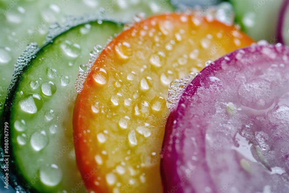 Close-up of Vibrant Sliced Vegetables Covered in Dewdrops Close-up of Vibrant Sliced Vegetables Covered in Dewdrops