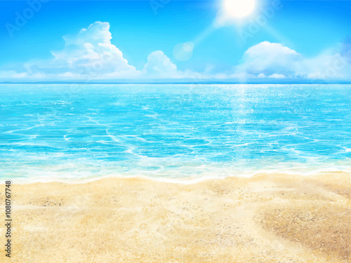 Beautiful frame illustration background material of summer sandy beach, blue sky with clouds and sea