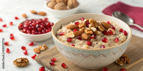 A comforting bowl of oats features a mix of crunchy almonds and walnuts complemented by rubyred pomegranate seeds that add a pop of color and texture. photo