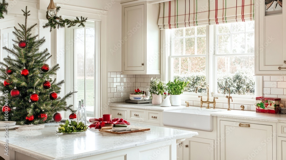 Bright kitchen with white marble countertops, small decorated tree, and red and green accents for holiday cheer. Bright kitchen with white marble countertops, small decorated tree, and red and green accents for holiday cheer.