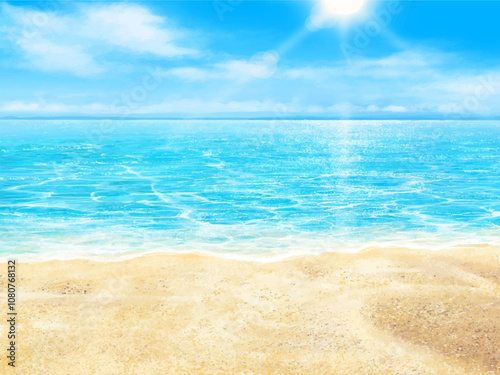 Beautiful frame illustration background material of summer sandy beach, blue sky with clouds and sea