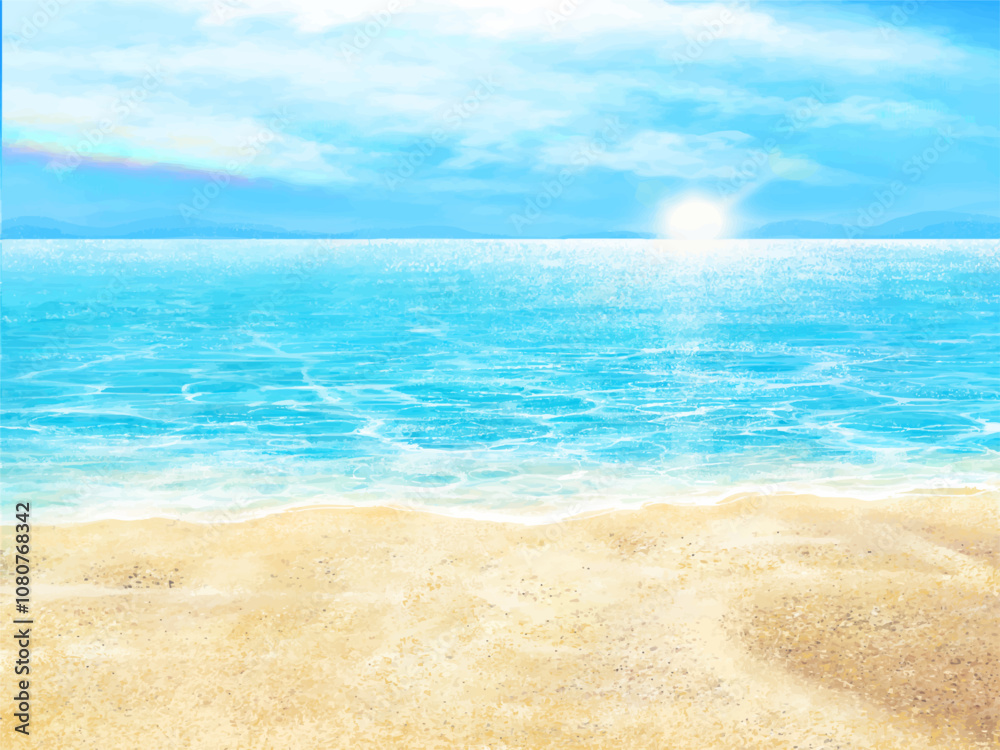 Beautiful frame illustration background material of summer sandy beach, blue sky with clouds and sea Beautiful frame illustration background material of summer sandy beach, blue sky with clouds and sea