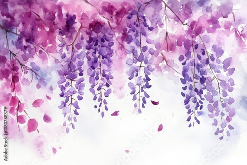 Fototapeta Naklejka Na Ścianę i Meble -  Watercolor Wisteria Blossom. Hand Drawn Botanical Illustration of Purple Flowers on White Background