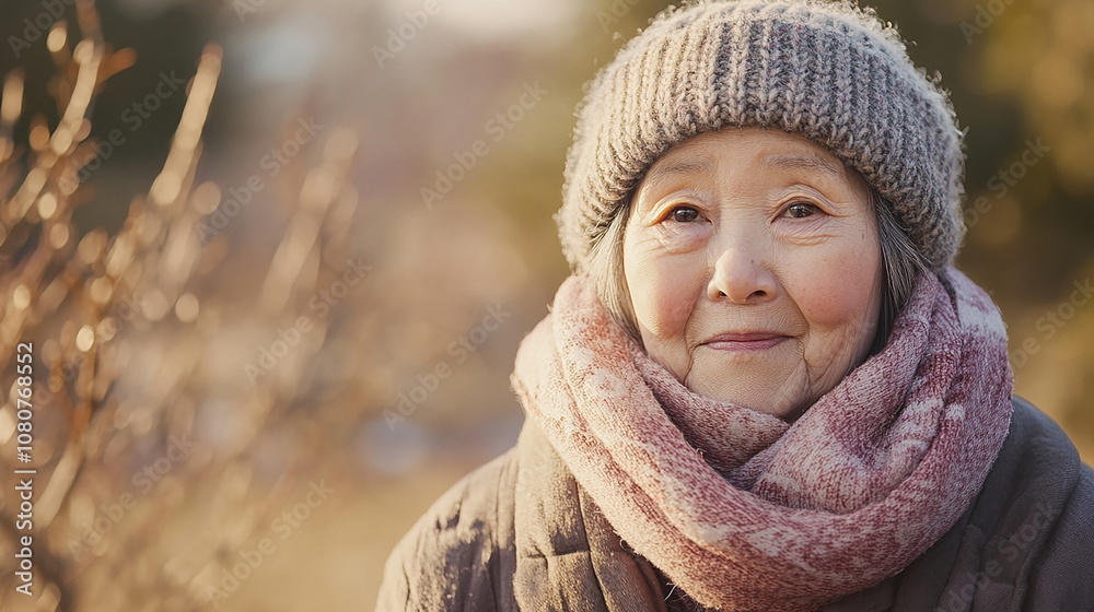An elderly Japanese person warmly dressed An elderly Japanese person warmly dressed