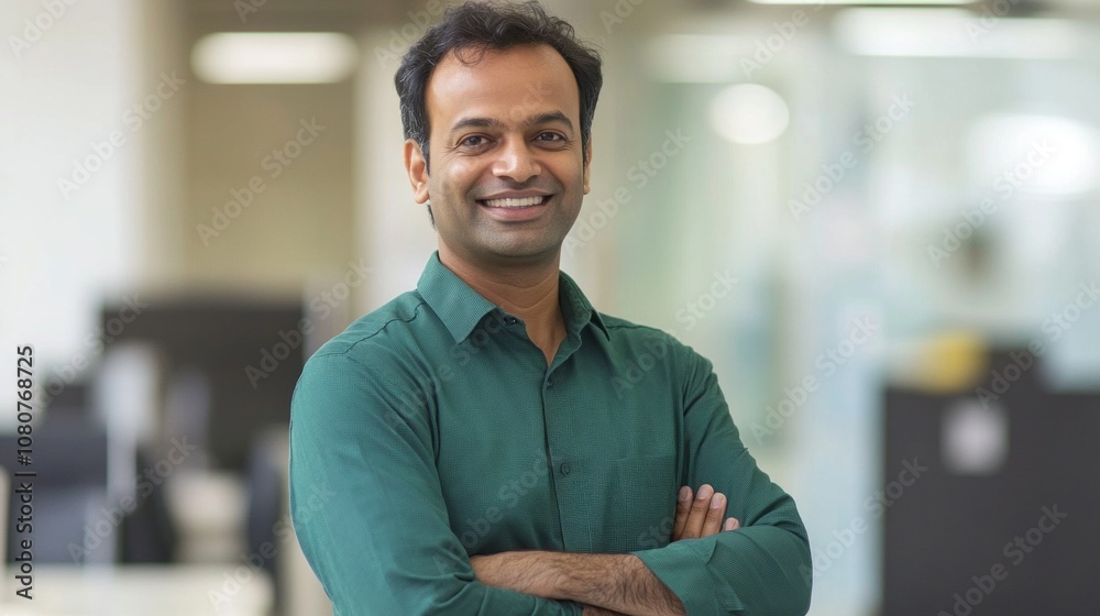Fototapeta premium A man in a green shirt is smiling and posing for a picture
