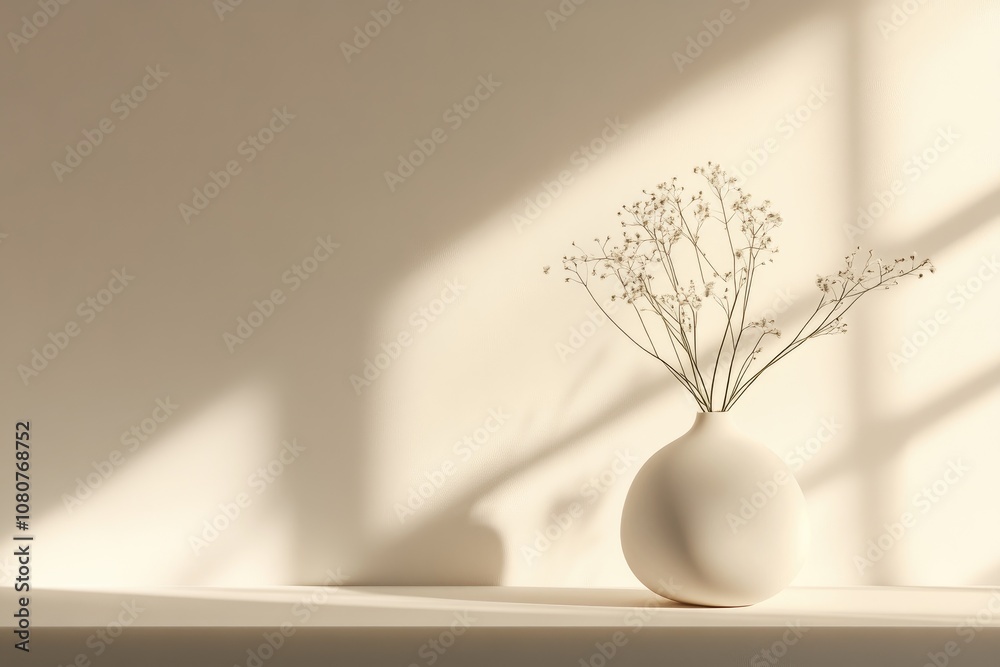 Dried Flowers in a White Vase Against a Beige Background with Sunlight Dried Flowers in a White Vase Against a Beige Background with Sunlight
