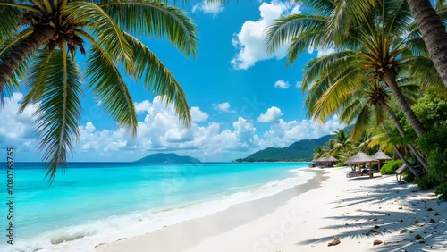 Obraz Tropikalna plaża z białym piaskiem, turkusową wodą i palmami pochylonymi nad brzegiem. Na horyzoncie łodzie, a niebo zdobią puszyste chmury. Spokój, harmonia i rajski klimat.