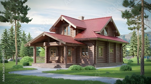 Log home in serene forest setting, featuring wraparound porch, red shingled roof, wooden swing, surrounded by lush greenery and majestic pines, creating a picturesque woodland escape. AI generated