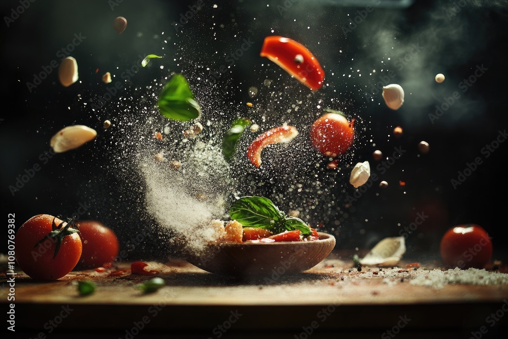 A Wooden Bowl Filled with Tomatoes, Basil, and Other Ingredients with a Burst of Flavor Surrounding It