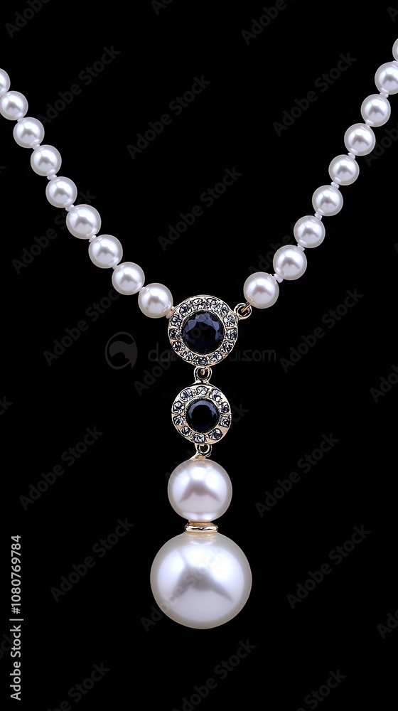 Elegant pearl necklace with gold pendant and black gemstone, showcased against a stark black background for striking contrast Elegant pearl necklace with gold pendant and black gemstone, showcased against a stark black background for striking contrast