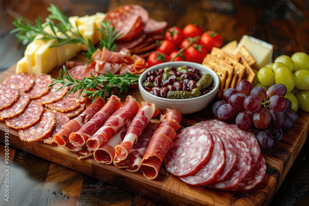 Appetizer Platter with Salami, Prosciutto, Cheese, Grapes, and Pickles Appetizer Platter with Salami, Prosciutto, Cheese, Grapes, and Pickles