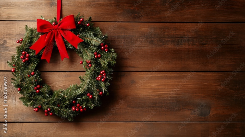 A classic green wreath with red berries and a large red bow hanging on a rustic wooden door A classic green wreath with red berries and a large red bow hanging on a rustic wooden door