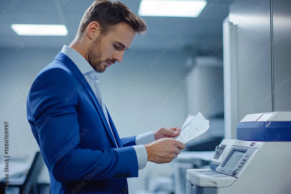 businessman reading paper document near the printer
