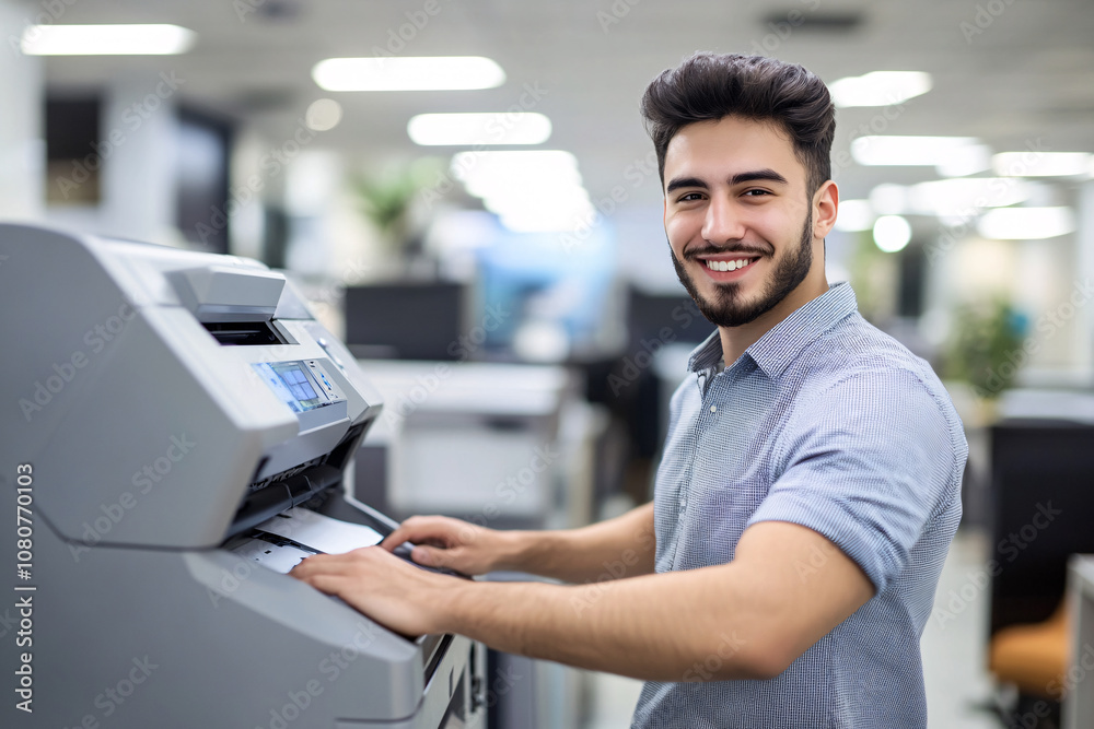 happy man worker using printer machine in the office happy man worker using printer machine in the office
