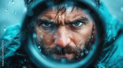 A determined and focused man looks intensely through a camera lens, capturing the essence of adventure, set against a backdrop of falling rain, evoking exploration. photo