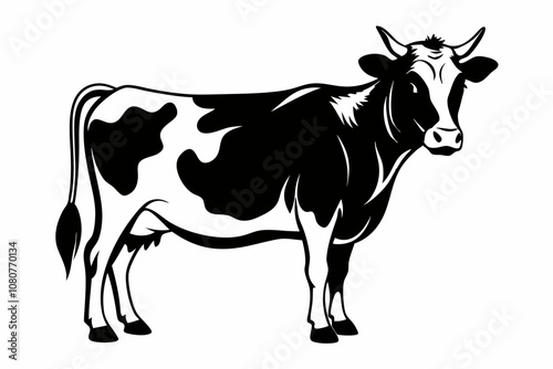 Cow silhouette illustration in black and white, holstein cow illustration, black and white cow