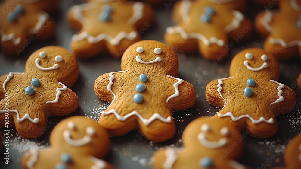 Festive gingerbread cookies with icing smiles for holiday celebrations Festive gingerbread cookies with icing smiles for holiday celebrations