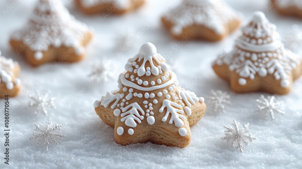 Festive Star-Shaped Cookies with Icing in Winter Wonderland Setting Festive Star-Shaped Cookies with Icing in Winter Wonderland Setting