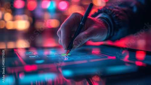 Mans hand holding a pen checking a mark on a tablet