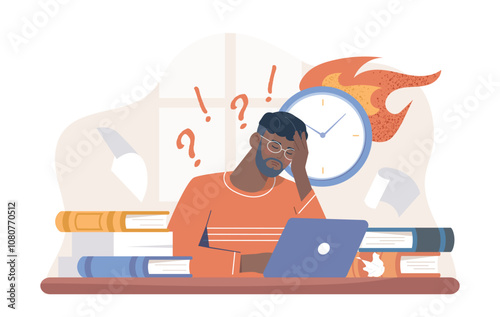 Man studying before exam. Guy with books sits near burning clock. Emotional burnout and depression. Student preparing for test or examination. Flat vector illustration isolated on white background