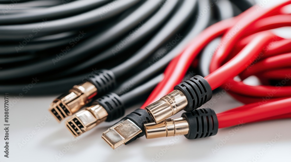 Coiled red and black cables with metallic connectors, neatly grouped for clarity and organization in a tech-savvy environment. Coiled red and black cables with metallic connectors, neatly grouped for clarity and organization in a tech-savvy environment.