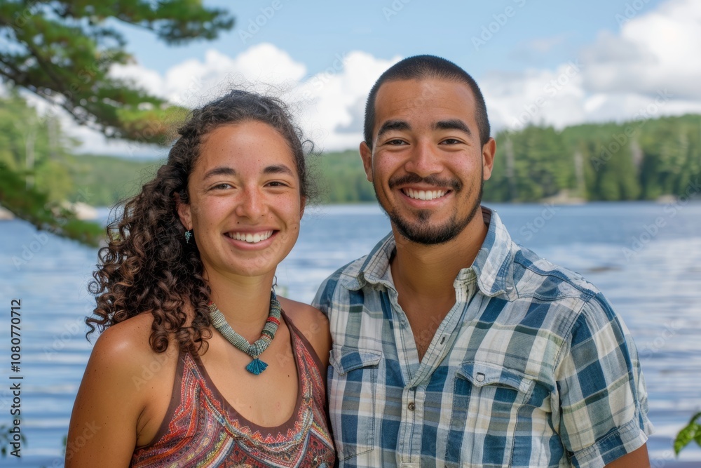 Portrait of a smiling mixed race couple in their 20s sporting a technical climbing shirt over serene lakeside view Portrait of a smiling mixed race couple in their 20s sporting a technical climbing shirt over serene lakeside view