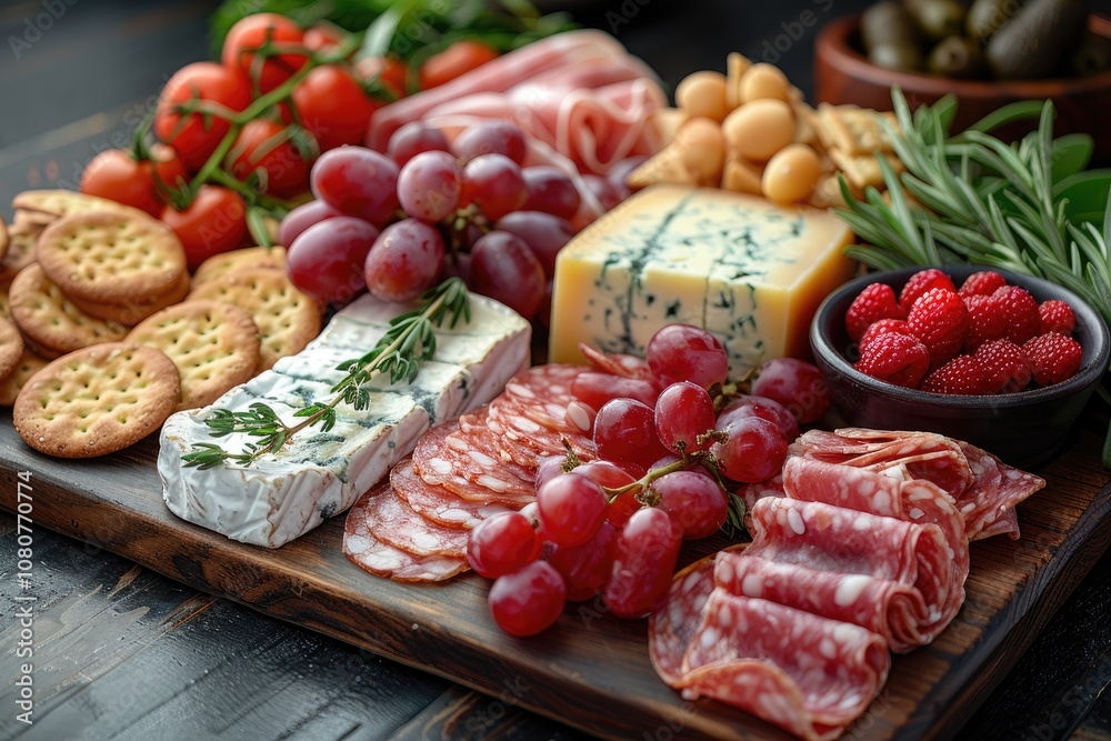 A Rustic Wooden Board Filled with Appetizers: Cheese, Salami, Grapes, Crackers, and Berries A Rustic Wooden Board Filled with Appetizers: Cheese, Salami, Grapes, Crackers, and Berries