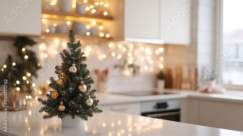 Festive kitchen with a small decorated Christmas tree on a white marble countertop, warm lights creating a cozy holiday ambiance.