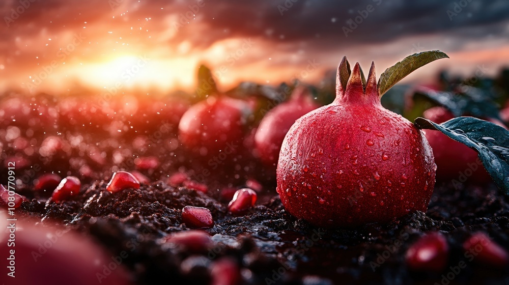A vivid, close-up image of ripe pomegranates in a garden, illuminated by sunlight, depicting abundance and fertility, capturing the essence of harvest and nature. A vivid, close-up image of ripe pomegranates in a garden, illuminated by sunlight, depicting abundance and fertility, capturing the essence of harvest and nature.