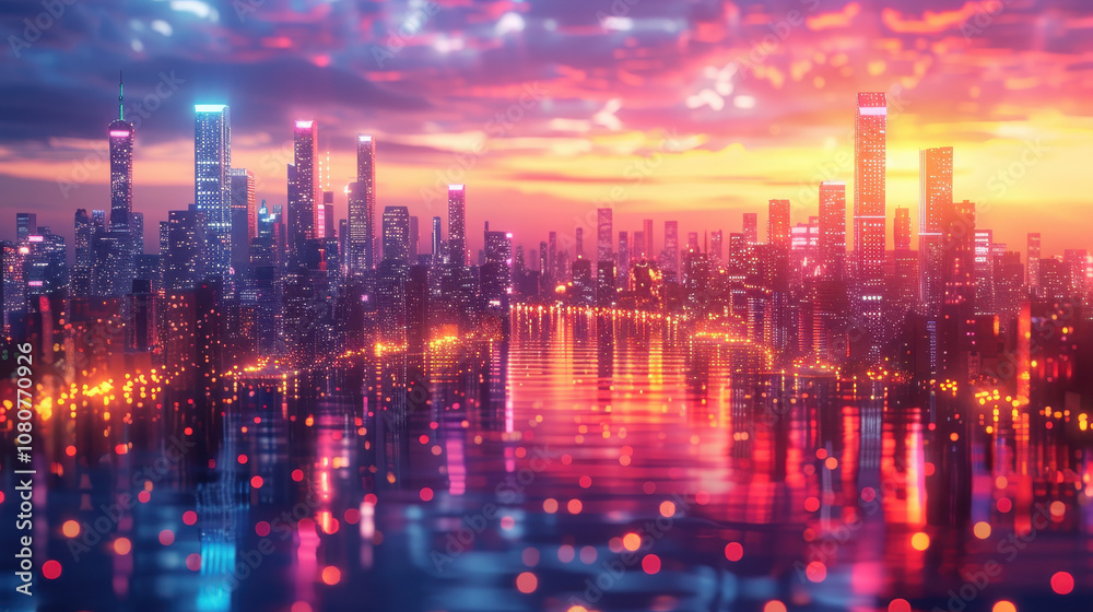 Fototapeta premium A captivating view of a futuristic city during sunset, where colorful lights from skyscrapers reflect in the serene water, creating a mesmerizing atmosphere