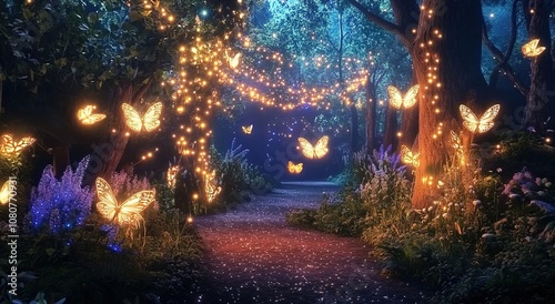  A whimsical fairy forest with twinkling lights, glowing butterflies