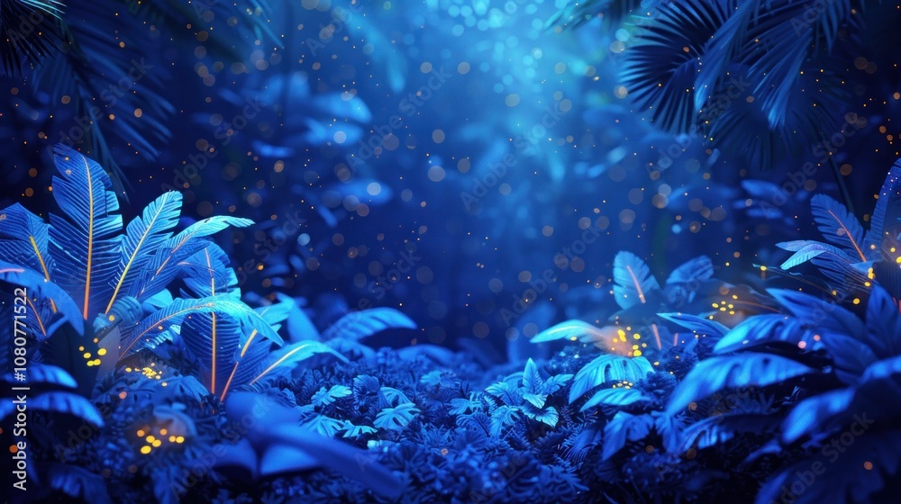 Obraz premium A dark, mysterious jungle with glowing leaves and bokeh lights.
